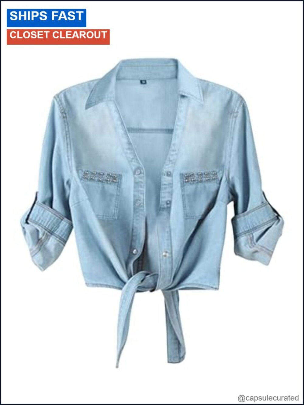 Women's Crop Denim Shirt Tie Front 3/4 Sleeve Button Down Cotton Chambray Top